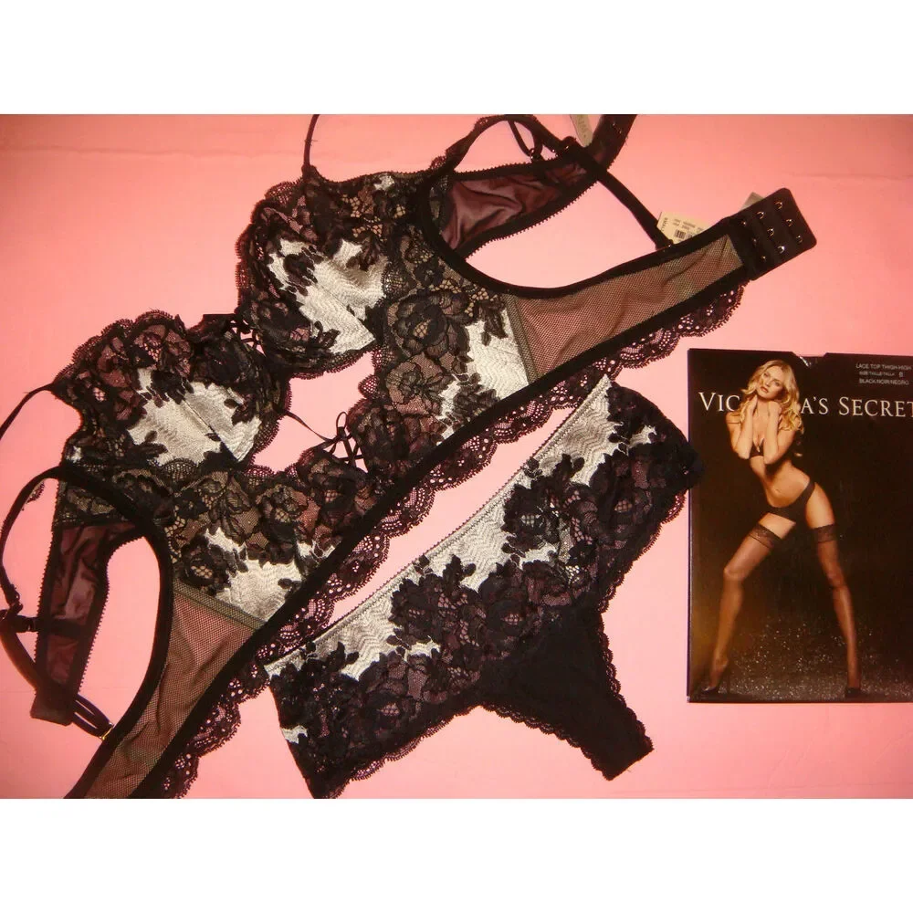 Victoria's Secret 36D BRA SET+M SLING+CORSET Black White Silver Sexy Seduction